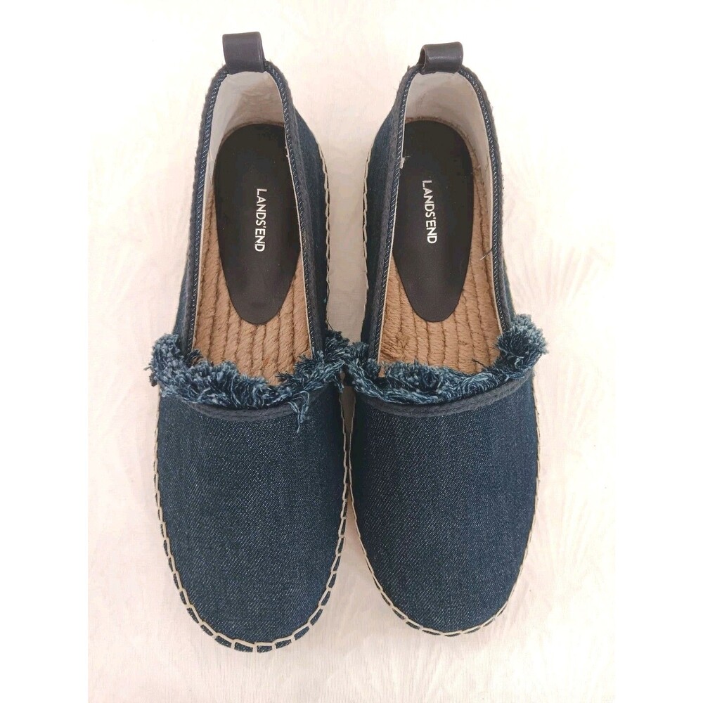 Lands' End Women's Denim Espadrille Slip On Flats Frayed Trim Blue Size 6.5